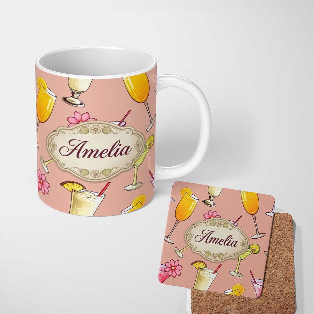Personalized Custom Name Colorful Cocktail Drinks Peach Background Summer Party Seamless 11oz Ceramic Coffee Tea Mug White Large Handle