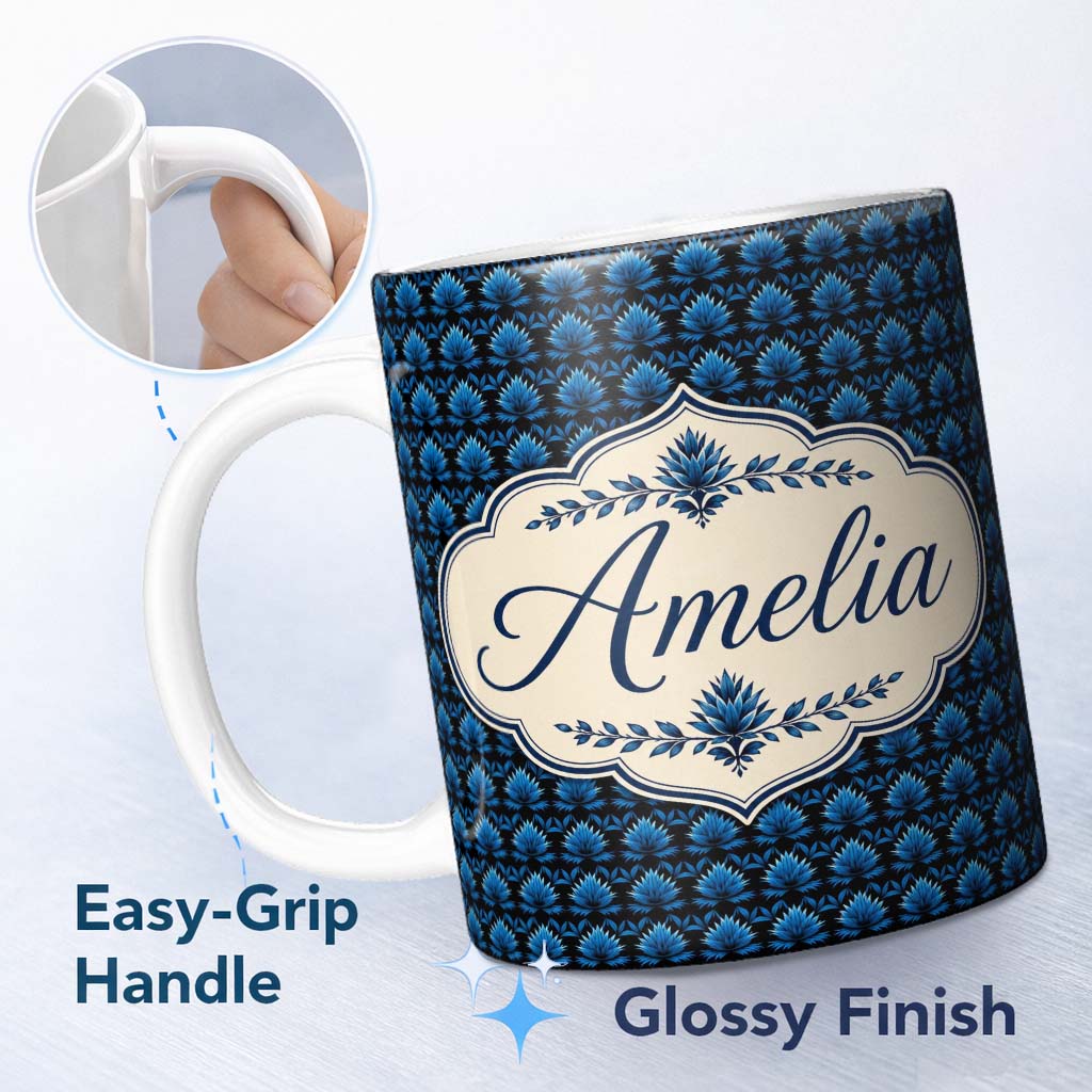 Personalized Custom Name Dark Blue Lotus Flower Repeat Seamless Pattern Beautiful Coffee Cup 11oz Ceramic Coffee Tea Mug White Large Handle