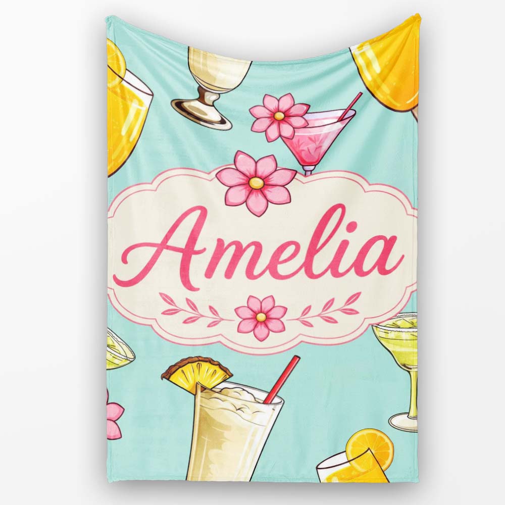 Colorful Cocktail Drinks Mint Background Summer Party Seamless Personalised Custom Name Super Soft Fleece Blanket Bed Sofa Throw