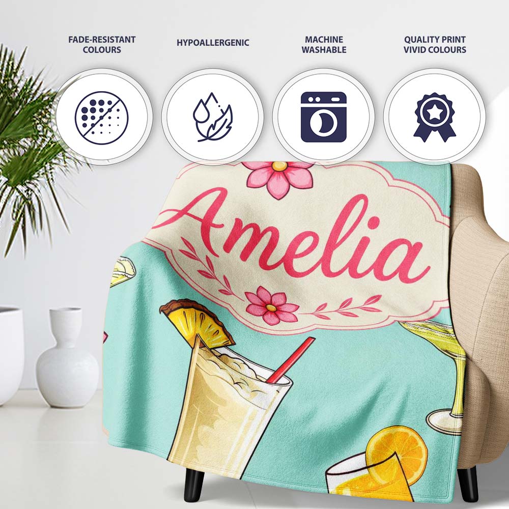 Colorful Cocktail Drinks Mint Background Summer Party Seamless Personalised Custom Name Super Soft Fleece Blanket Bed Sofa Throw