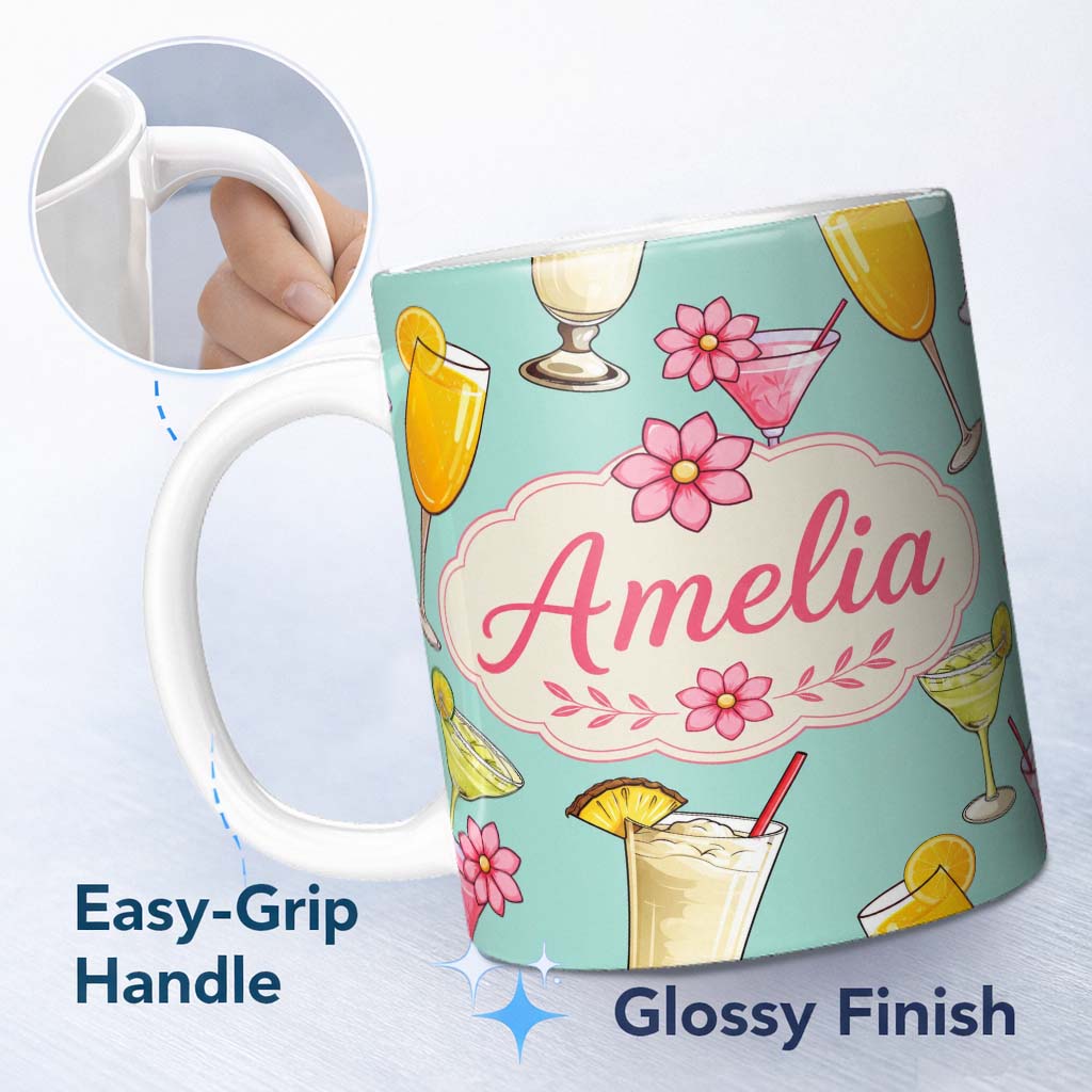 Personalized Custom Name Colorful Cocktail Drinks Mint Background Summer Party Seamless 11oz Ceramic Coffee Tea Mug White Large Handle