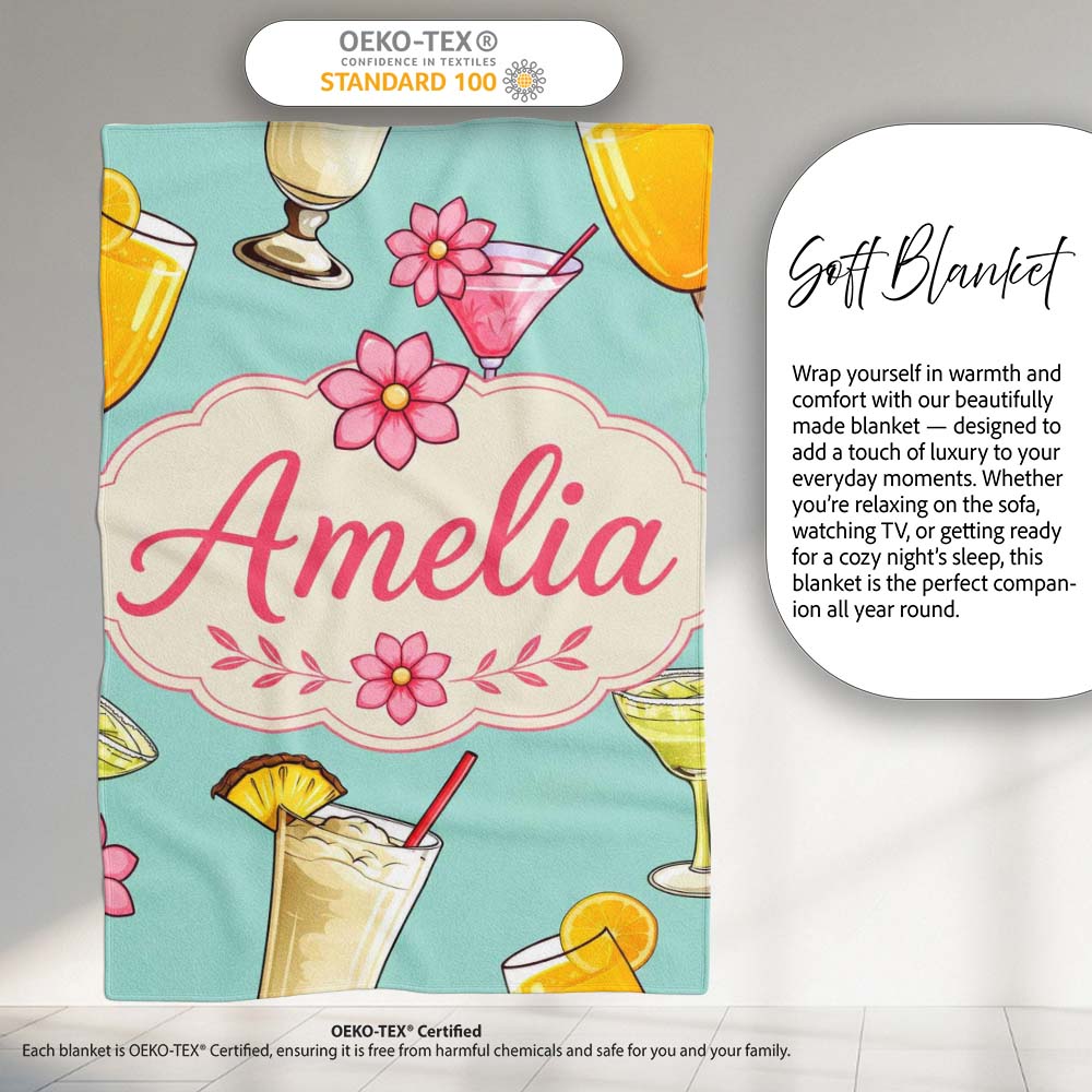 Colorful Cocktail Drinks Mint Background Summer Party Seamless Personalised Custom Name Super Soft Fleece Blanket Bed Sofa Throw
