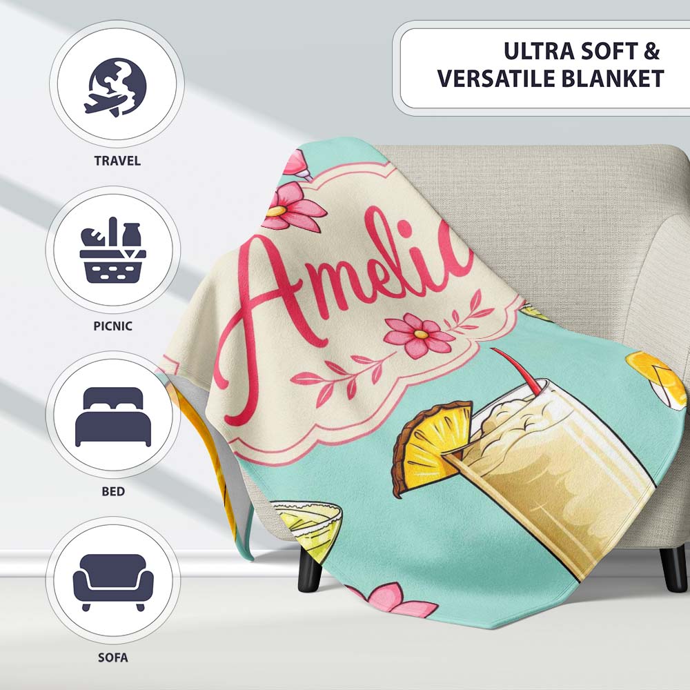 Colorful Cocktail Drinks Mint Background Summer Party Seamless Personalised Custom Name Super Soft Fleece Blanket Bed Sofa Throw