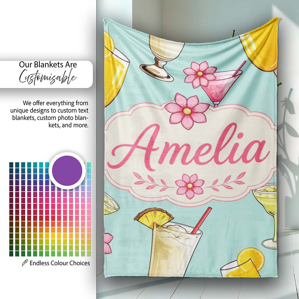 Colorful Cocktail Drinks Mint Background Summer Party Seamless Personalised Custom Name Super Soft Fleece Blanket Bed Sofa Throw