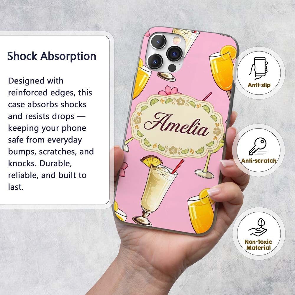 Colorful Cocktail Drinks Pink Background Summer Custom Name Protective Phone Case Mobile Cover Durable Everyday Smartphone Shock Resistant