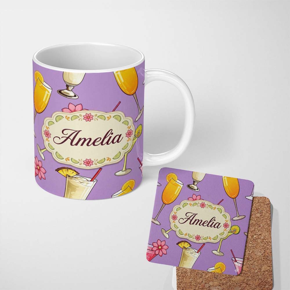 Personalized Custom Name Colorful Cocktail Drinks Purple Background Summer Party Seamless 11oz Ceramic Coffee Tea Mug White Large Handle