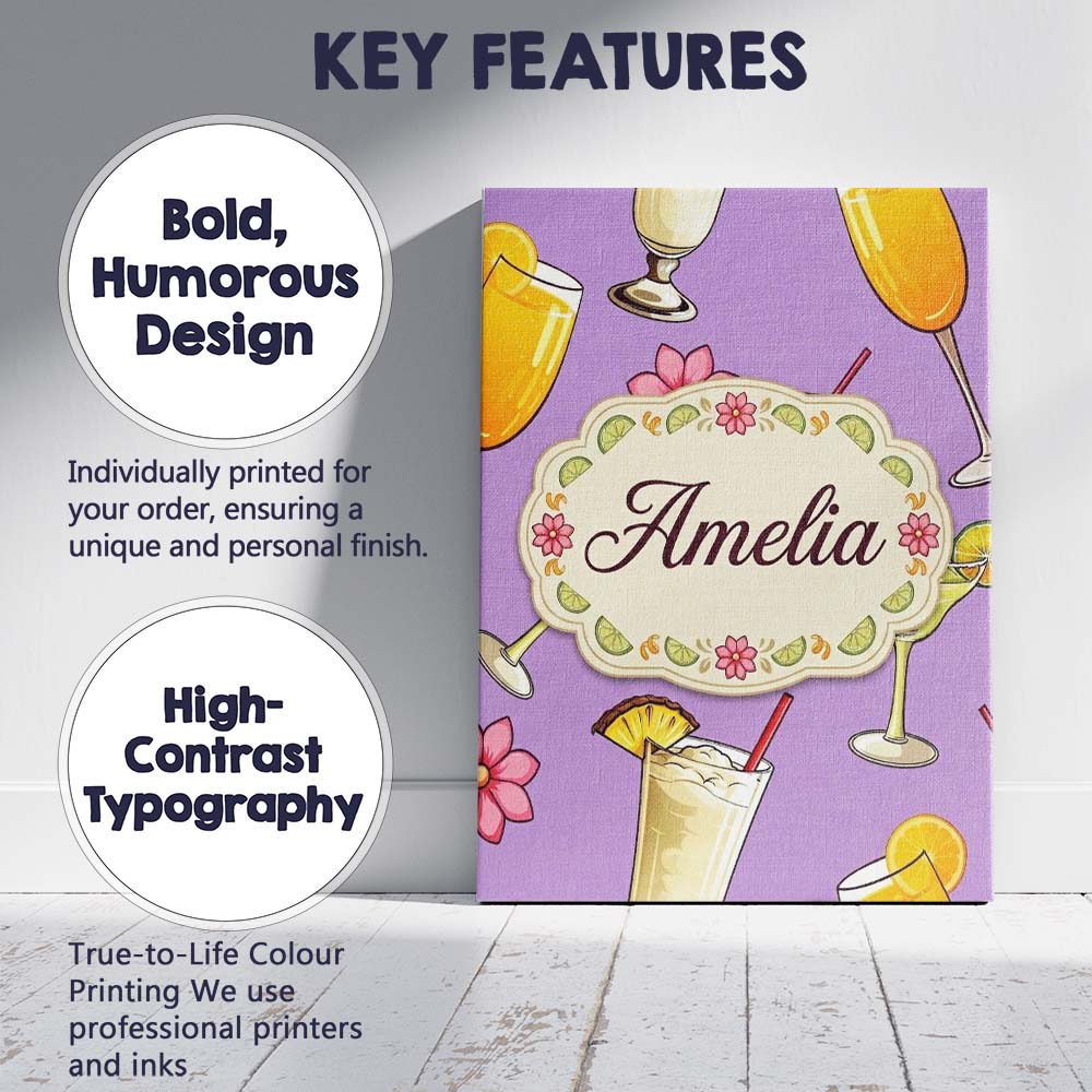 Personalised Name Colorful Cocktail Drinks Custom Unique Gift Idea Elegant Feature Canvas Wall Art Print Decor Picture Ready to Hang