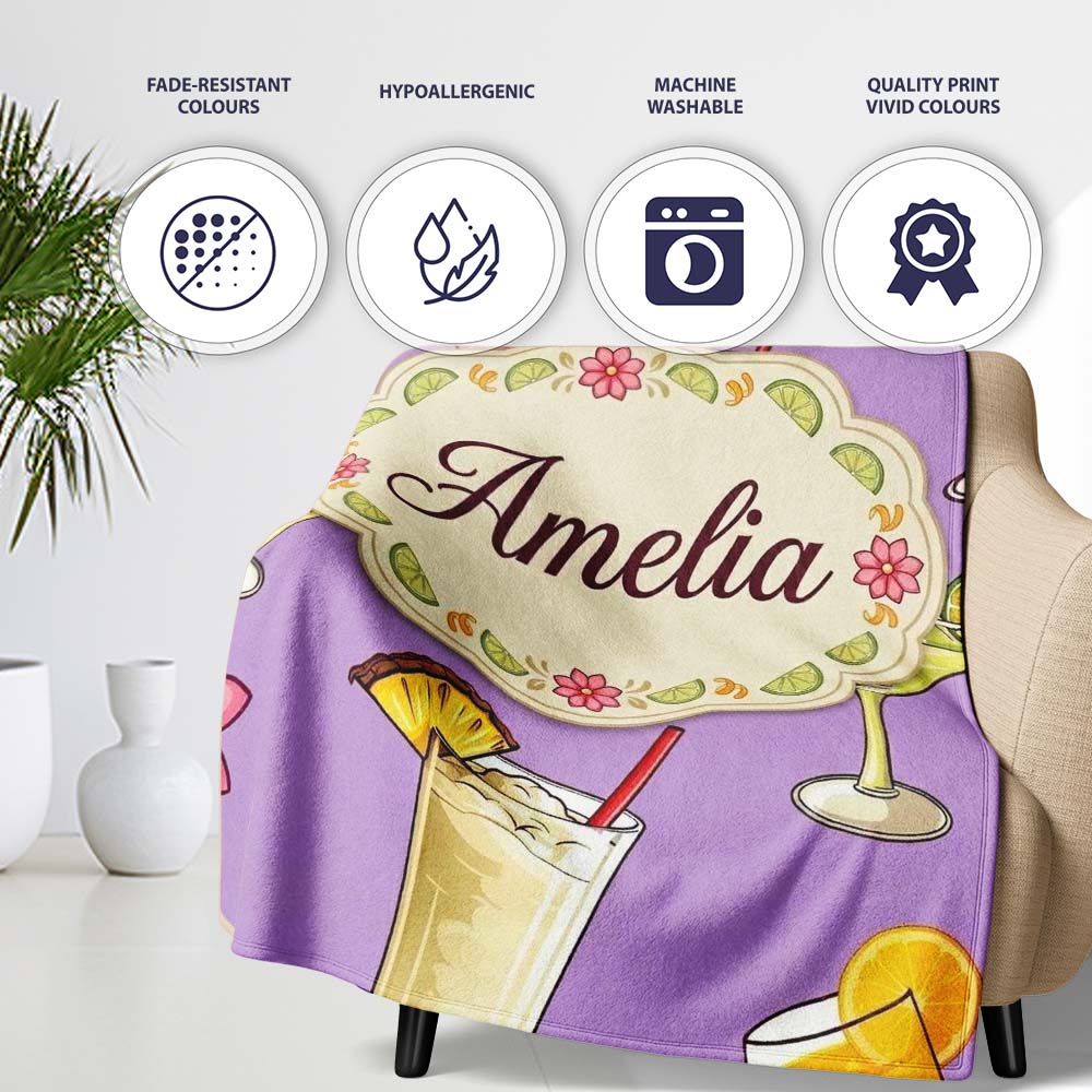 Colorful Cocktail Drinks Purple Background Summer Party Seamless Personalised Custom Name Super Soft Fleece Blanket Bed Sofa Throw