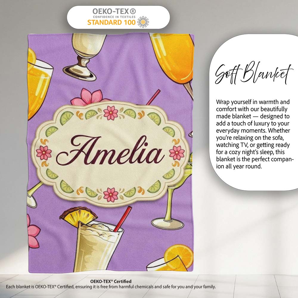 Colorful Cocktail Drinks Purple Background Summer Party Seamless Personalised Custom Name Super Soft Fleece Blanket Bed Sofa Throw