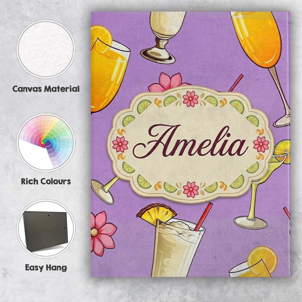 Personalised Name Colorful Cocktail Drinks Custom Unique Gift Idea Elegant Feature Canvas Wall Art Print Decor Picture Ready to Hang