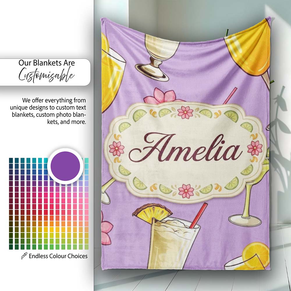 Colorful Cocktail Drinks Purple Background Summer Party Seamless Personalised Custom Name Super Soft Fleece Blanket Bed Sofa Throw