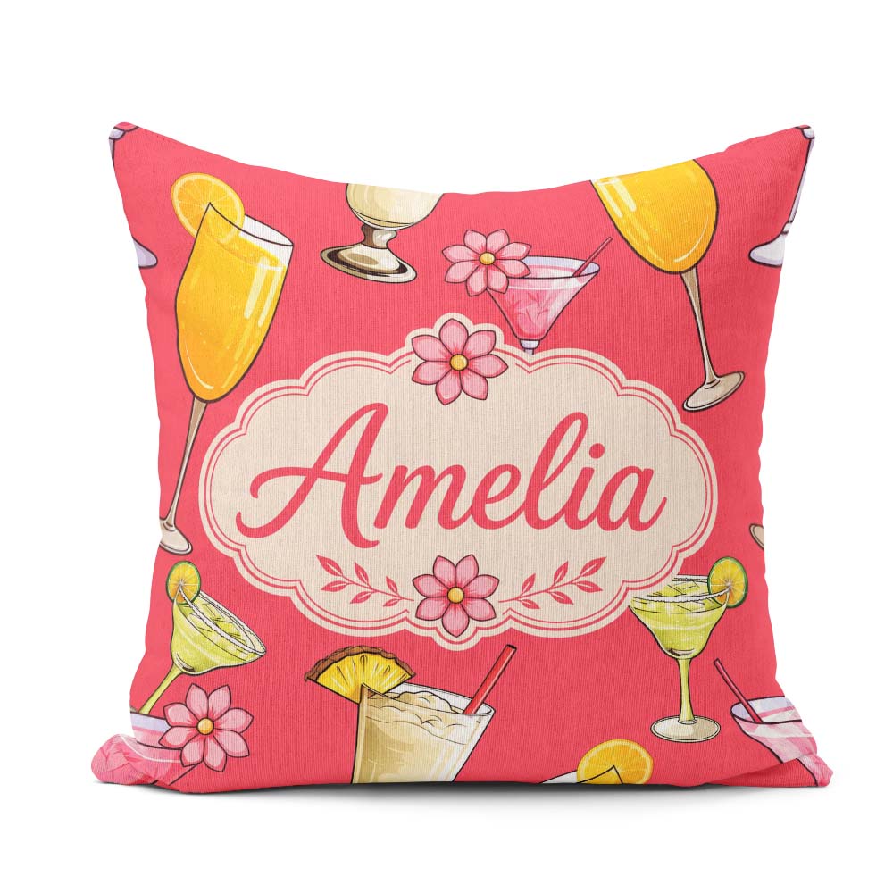 Custom Name Colorful Cocktail Drinks Red Background Summer Party Square Filled Cushion Throw Pillow Sofa Bed Home Decor Zip Washable UK Made