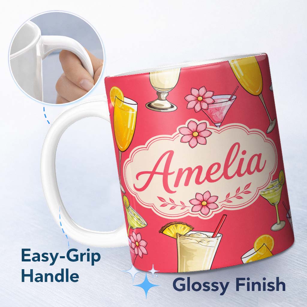 Personalized Custom Name Colorful Cocktail Drinks Red Background Summer Party Seamless 11oz Ceramic Coffee Tea Mug White Large Handle