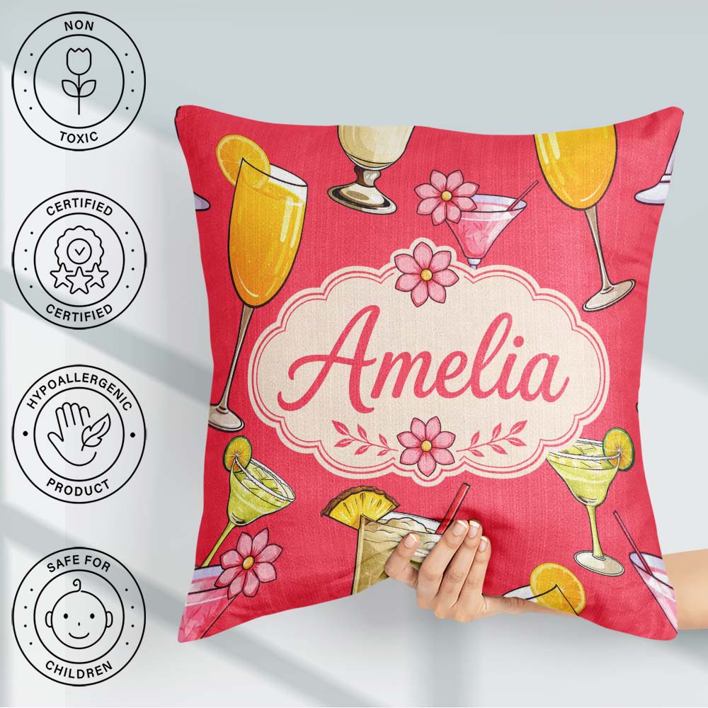 Custom Name Colorful Cocktail Drinks Red Background Summer Party Square Filled Cushion Throw Pillow Sofa Bed Home Decor Zip Washable UK Made