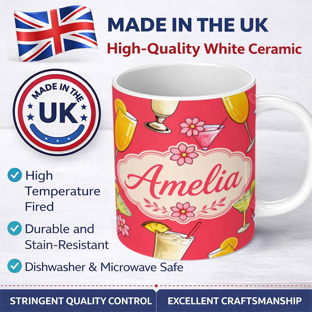 Personalized Custom Name Colorful Cocktail Drinks Red Background Summer Party Seamless 11oz Ceramic Coffee Tea Mug White Large Handle