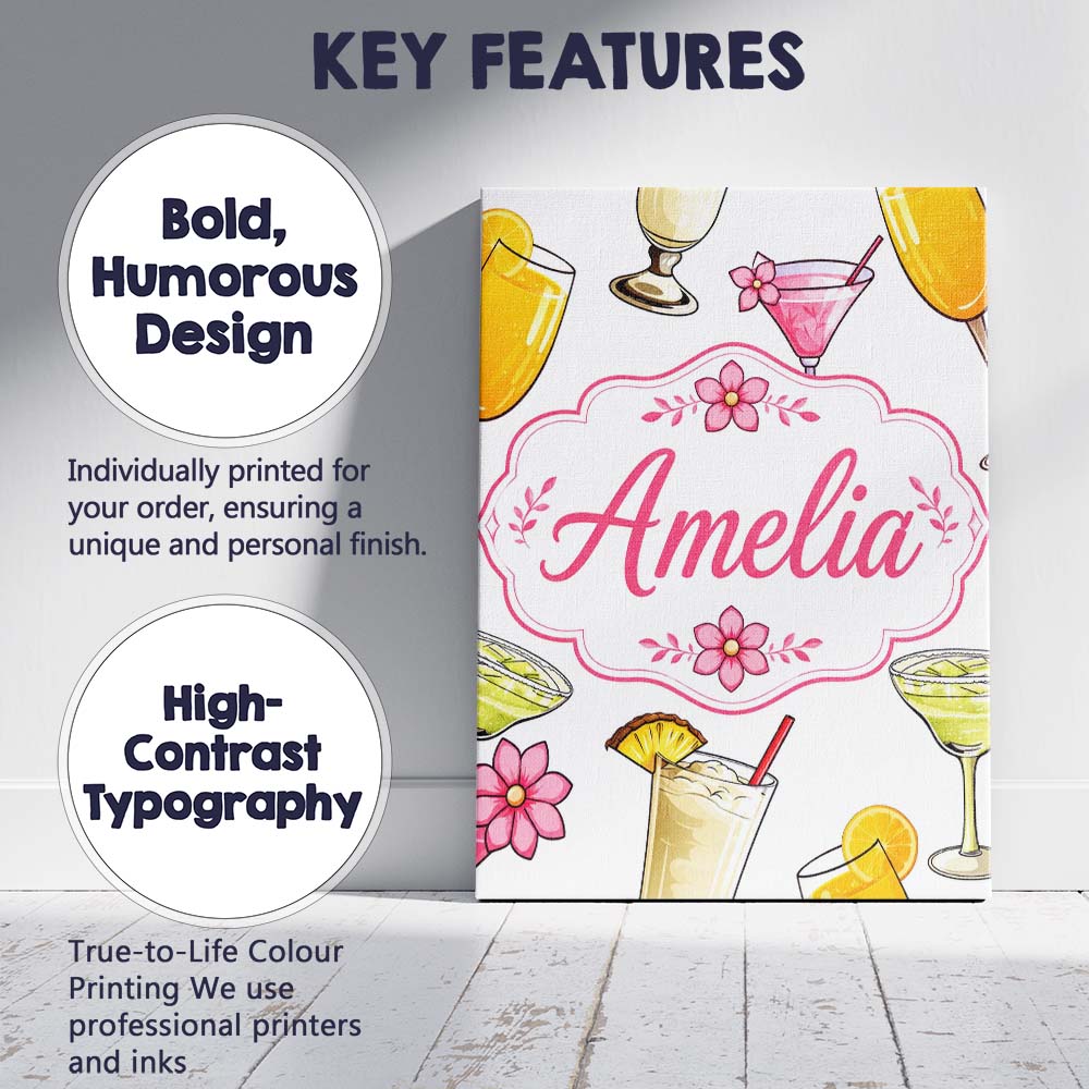 Personalised Name Colorful Cocktail Drinks Custom Unique Gift Idea Elegant Feature Canvas Wall Art Print Decor Picture Ready to Hang