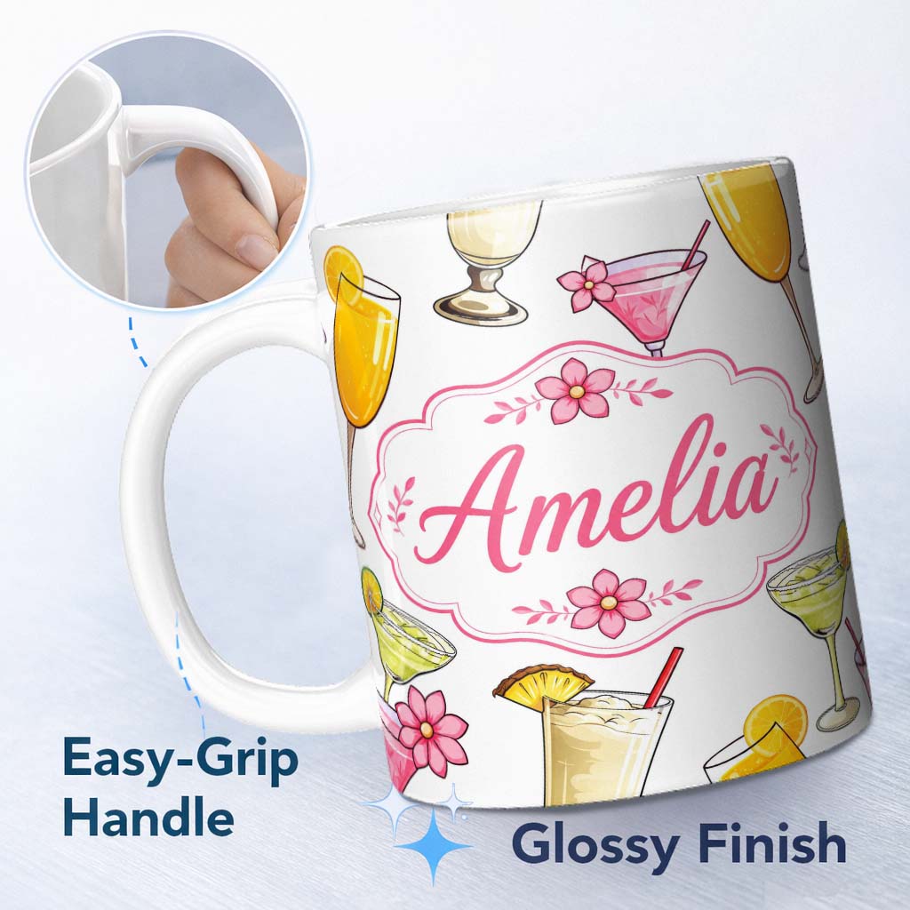 Personalized Custom Name Colorful Cocktail Drinks Grey Background Summer Party Seamless 11oz Ceramic Coffee Tea Mug White Large Handle