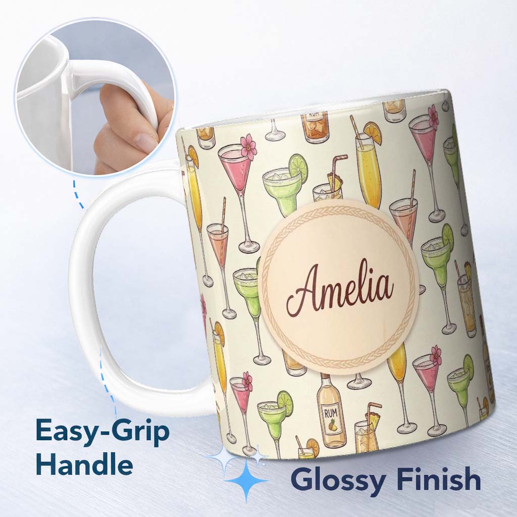 Personalized Custom Name Colorful Cocktail Drinks Yellow Background Summer Party Seamless 11oz Ceramic Coffee Tea Mug White Large Handle