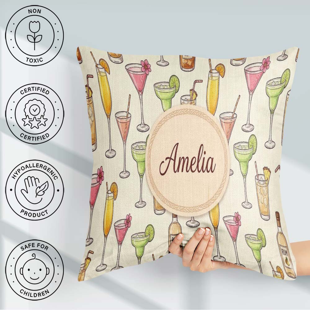 Custom Name Colorful Cocktail Drinks Yellow Background Seamless Square Filled Cushion Throw Pillow Sofa Bed Home Decor Zip Washable UK Made