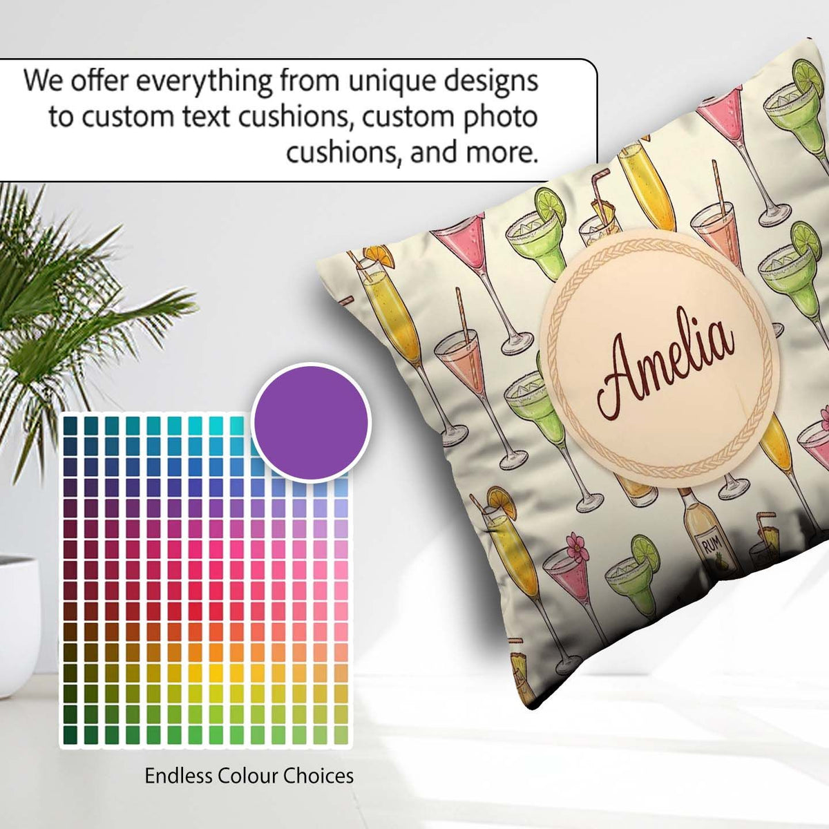 Custom Name Colorful Cocktail Drinks Yellow Background Seamless Square Filled Cushion Throw Pillow Sofa Bed Home Decor Zip Washable UK Made