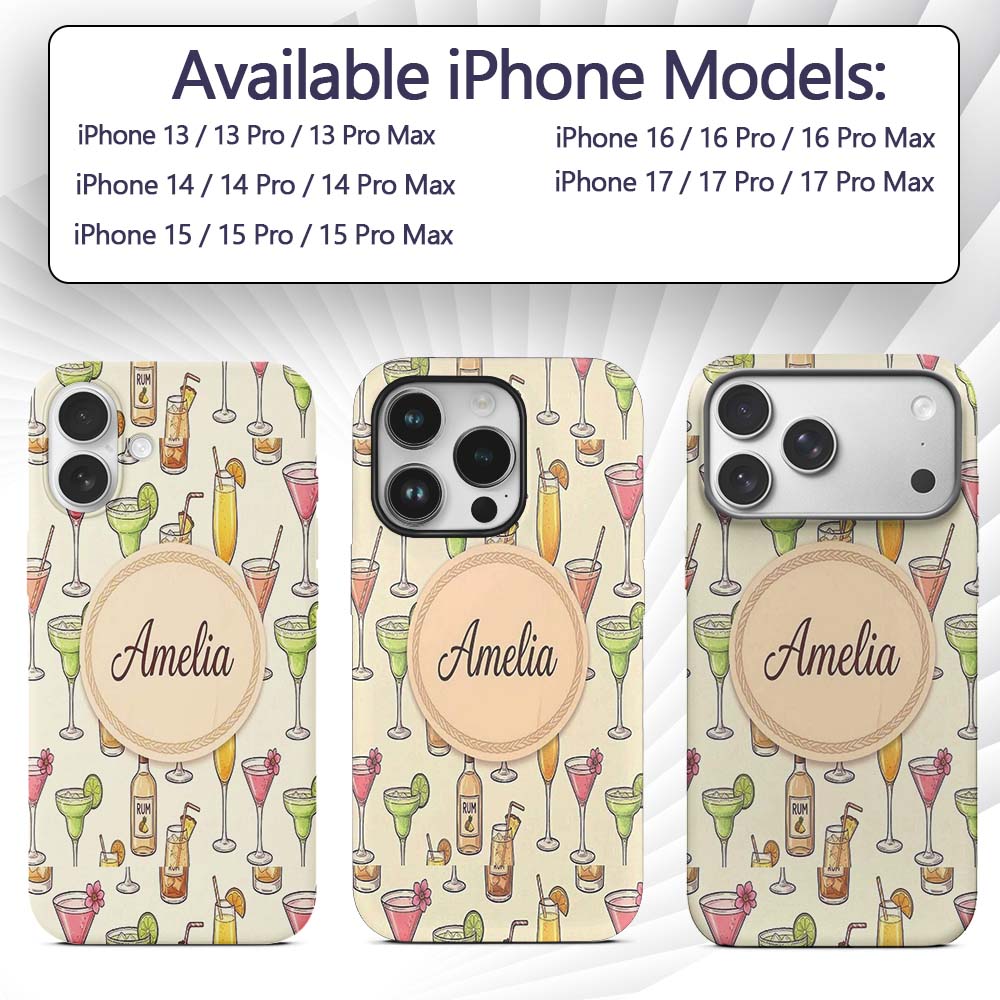 Colorful Cocktail Drinks Yellow Background Summer Custom Name Protective Phone Case Mobile Cover Durable Everyday Smartphone Shock Resistant