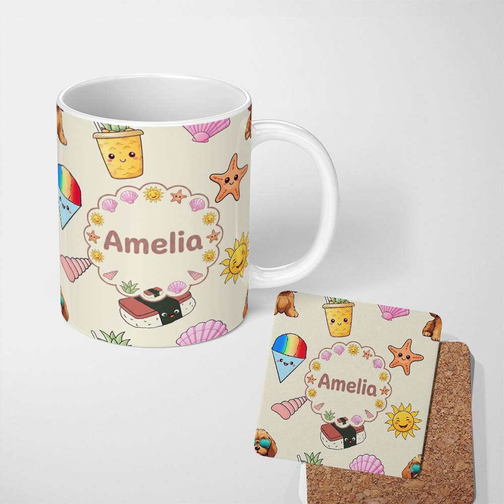Personalized Custom Name Cute Summer Dog Sunglasses Ice Cream Starfish Seamless Pattern 11oz Ceramic Coffee Tea Mug White Large Handle