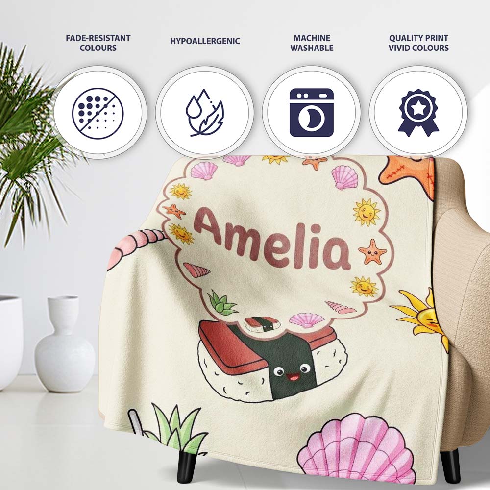 Cute Summer Dog Sunglasses Ice Cream Starfish Seamless Pattern Personalised Custom Name Super Soft Fleece Blanket Bed Sofa Throw