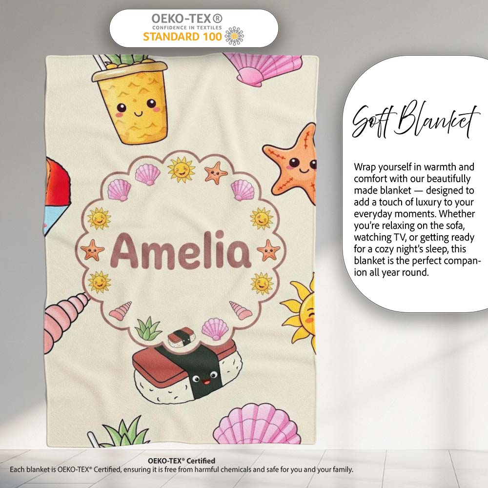 Cute Summer Dog Sunglasses Ice Cream Starfish Seamless Pattern Personalised Custom Name Super Soft Fleece Blanket Bed Sofa Throw