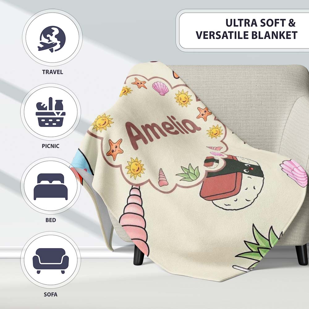 Cute Summer Dog Sunglasses Ice Cream Starfish Seamless Pattern Personalised Custom Name Super Soft Fleece Blanket Bed Sofa Throw