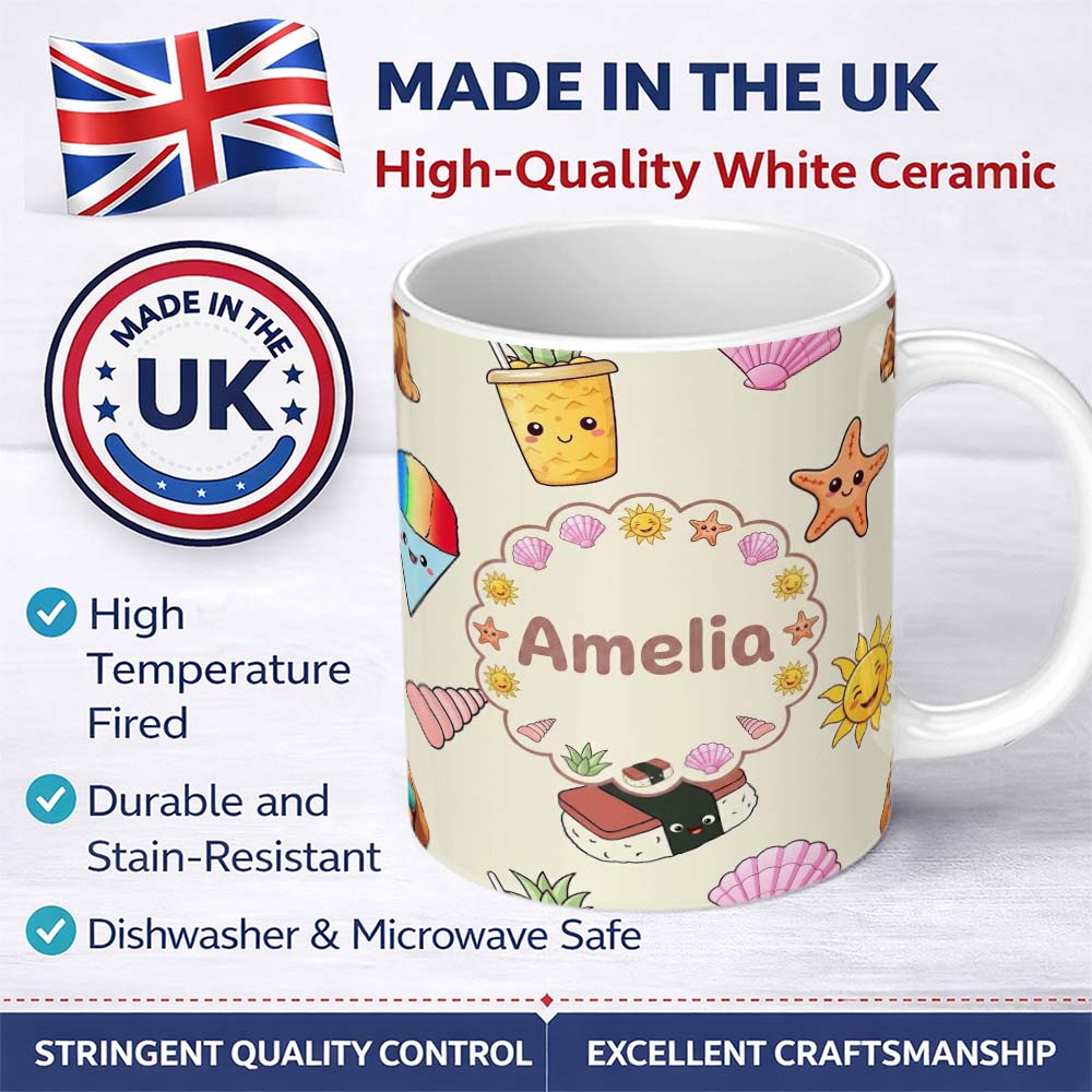 Personalized Custom Name Cute Summer Dog Sunglasses Ice Cream Starfish Seamless Pattern 11oz Ceramic Coffee Tea Mug White Large Handle