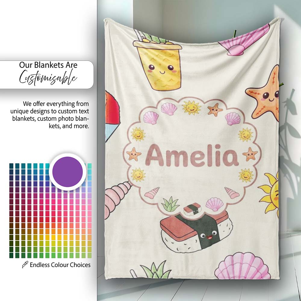 Cute Summer Dog Sunglasses Ice Cream Starfish Seamless Pattern Personalised Custom Name Super Soft Fleece Blanket Bed Sofa Throw