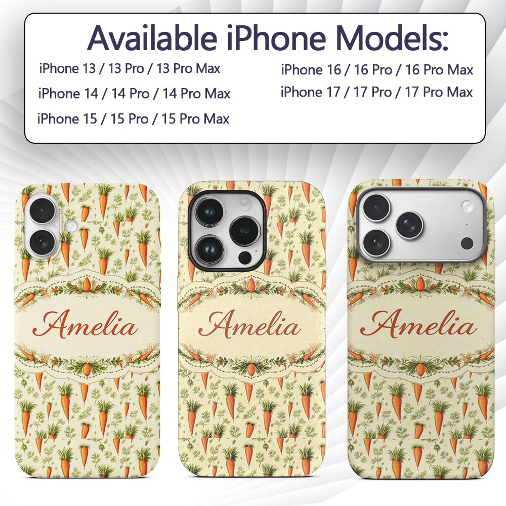 Vintage Botanical Carrot Illustration Garden Custom Name Protective Phone Case Mobile Cover Durable Everyday Smartphone Shock Resistant