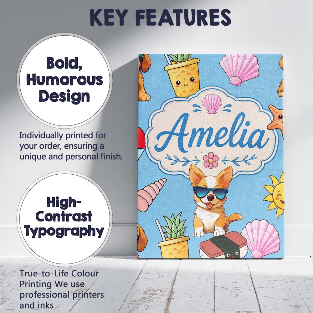 Personalised Name Cute Summer Dog Blue Custom Modern Room Accent Elegant Feature Canvas Wall Art Print Decor Picture Ready to Hang