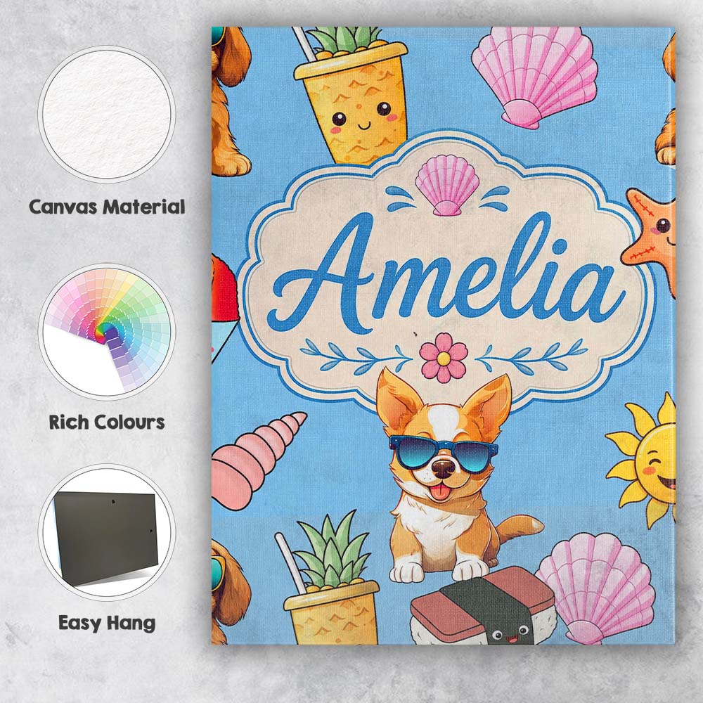 Personalised Name Cute Summer Dog Blue Custom Modern Room Accent Elegant Feature Canvas Wall Art Print Decor Picture Ready to Hang