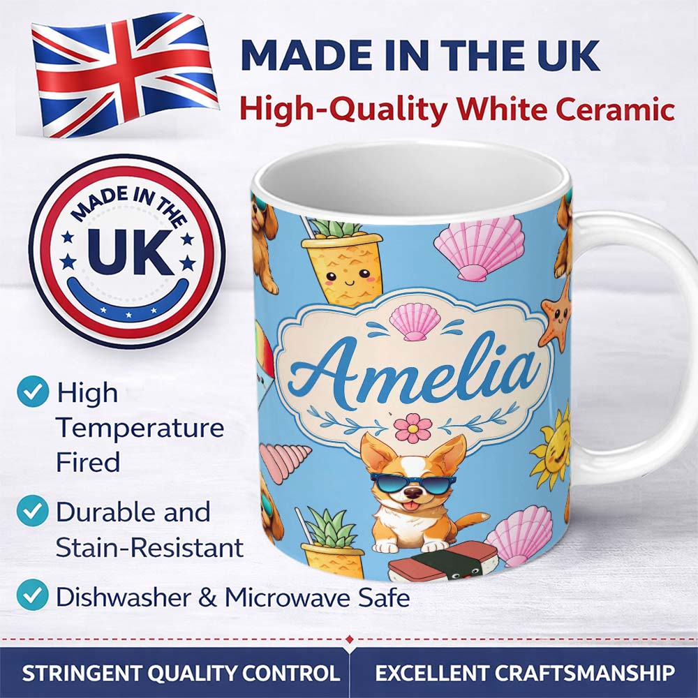 Personalized Custom Name Cute Summer Dog Blue Background Ice Cream Starfish Seamless Pattern 11oz Ceramic Coffee Tea Mug White Large Handle