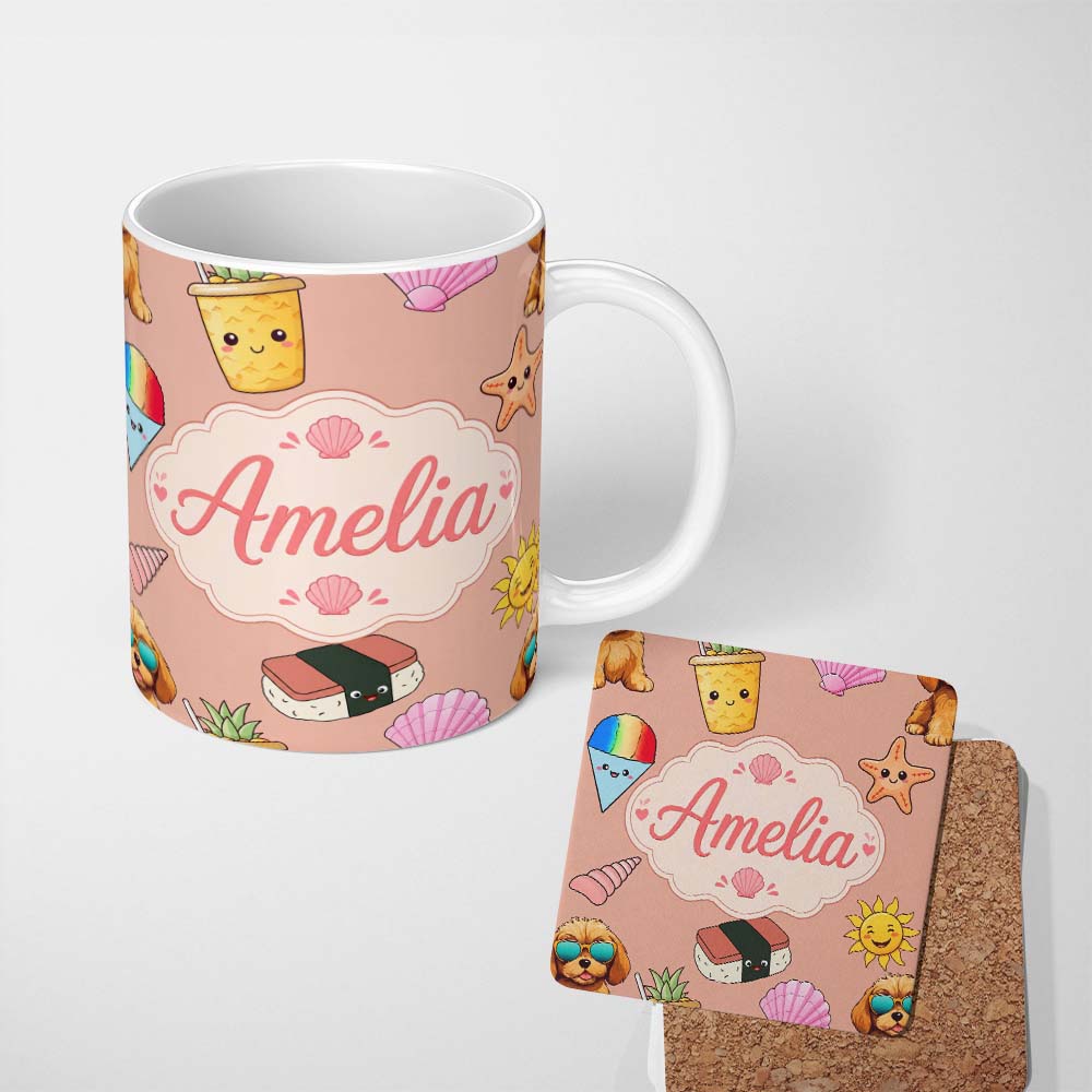 Personalized Custom Name Cute Summer Dog Sunglasses Ice Cream Starfish Seamless Pattern 11oz Ceramic Coffee Tea Mug White Large Handle