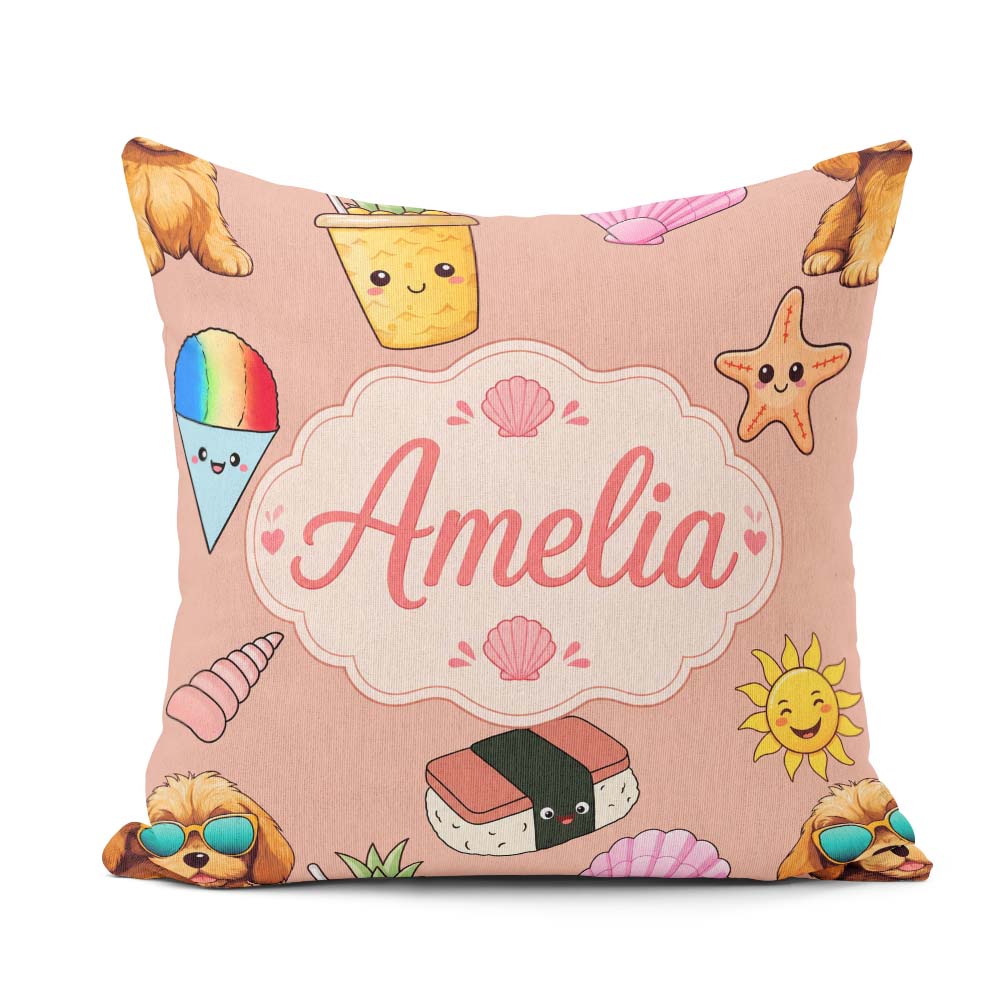 Custom Name Cute Summer Dog Ice Cream Starfish Seamless Pattern Square Filled Cushion Throw Pillow Sofa Bed Home Decor Zip Washable UK Made
