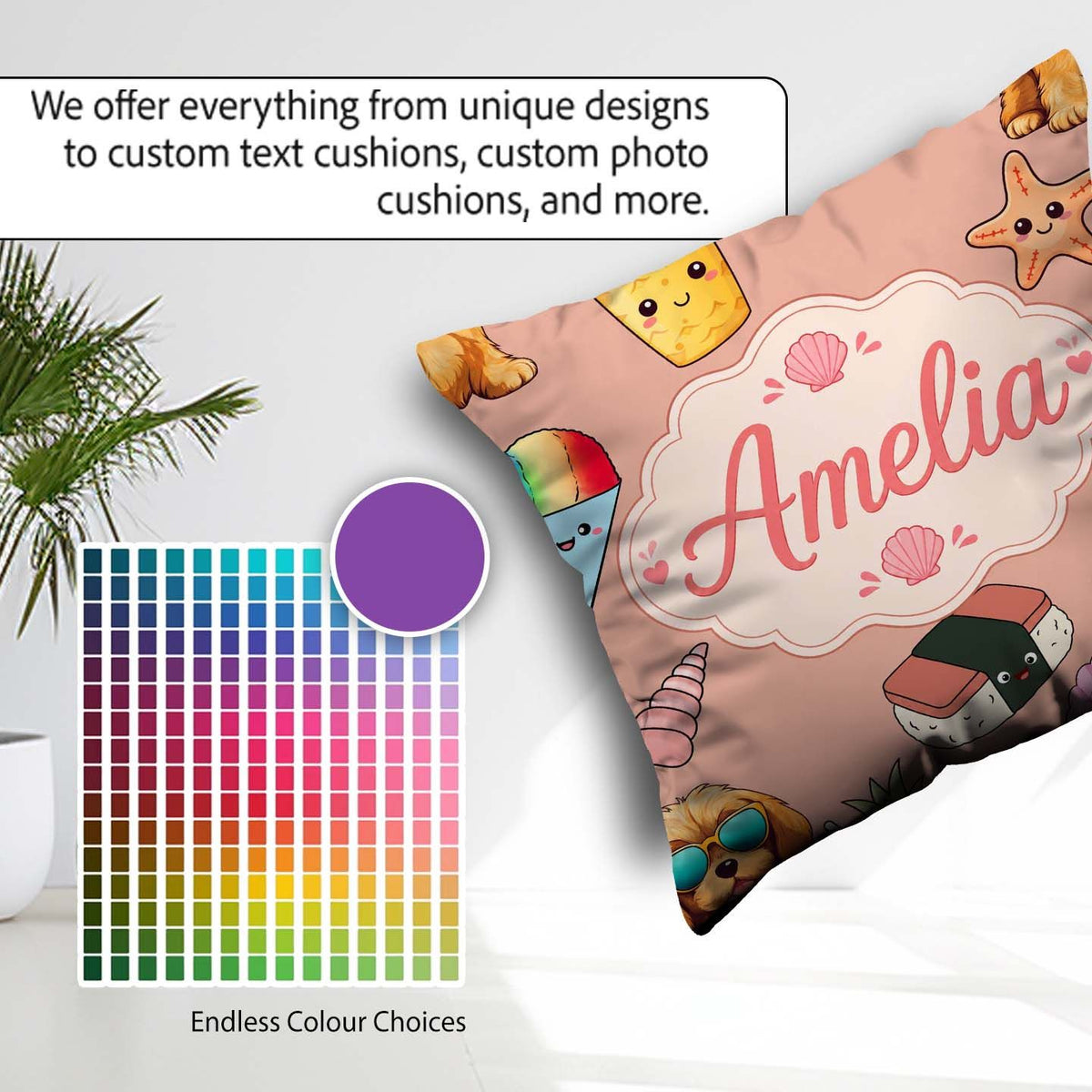 Custom Name Cute Summer Dog Ice Cream Starfish Seamless Pattern Square Filled Cushion Throw Pillow Sofa Bed Home Decor Zip Washable UK Made