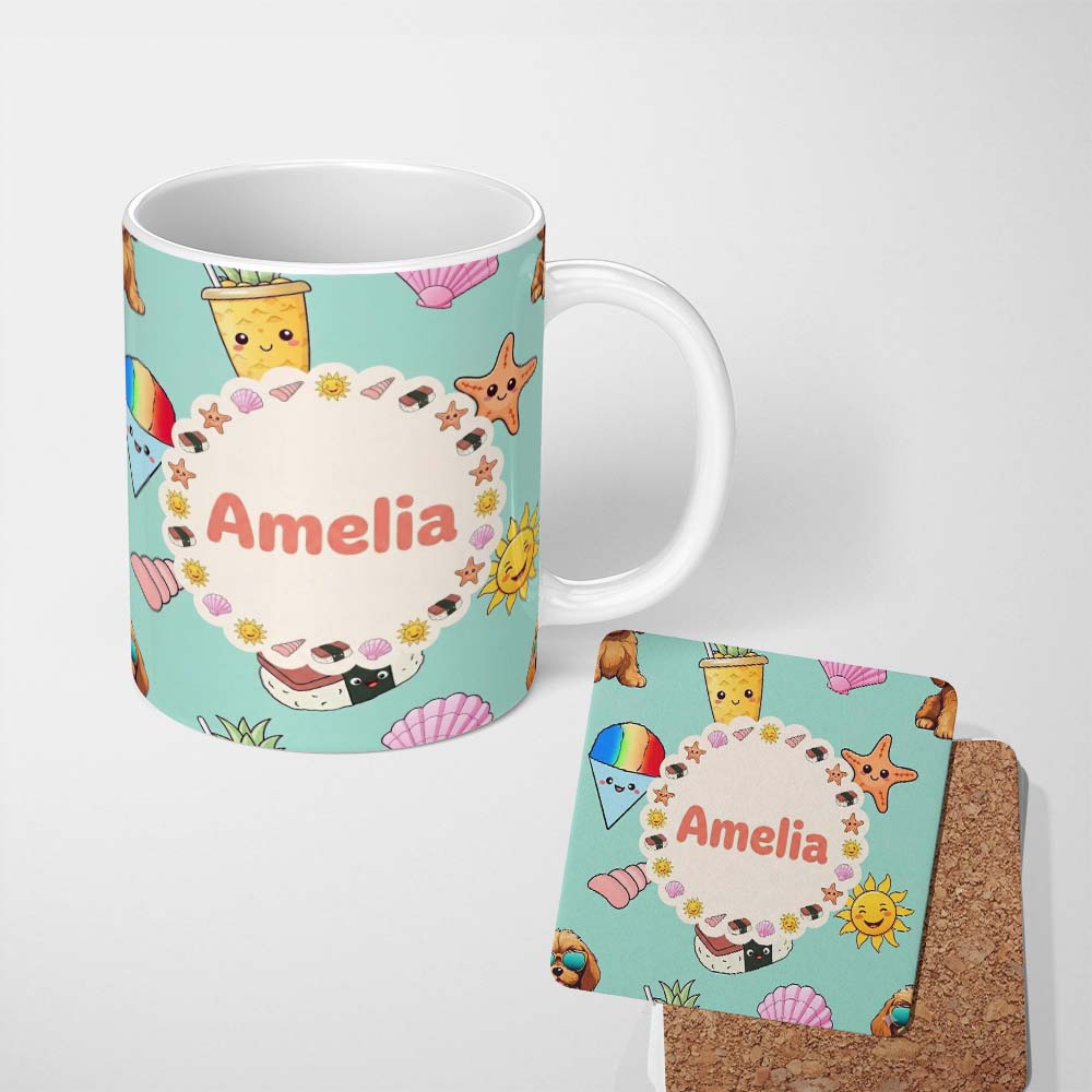 Personalized Custom Name Cute Summer Dog Teal Background Ice Cream Starfish Seamless Pattern 11oz Ceramic Coffee Tea Mug White Large Handle