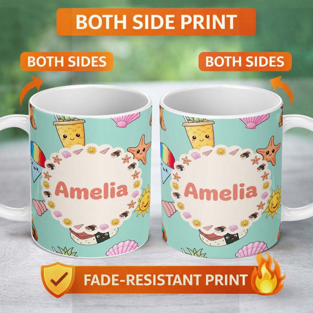 Personalized Custom Name Cute Summer Dog Teal Background Ice Cream Starfish Seamless Pattern 11oz Ceramic Coffee Tea Mug White Large Handle