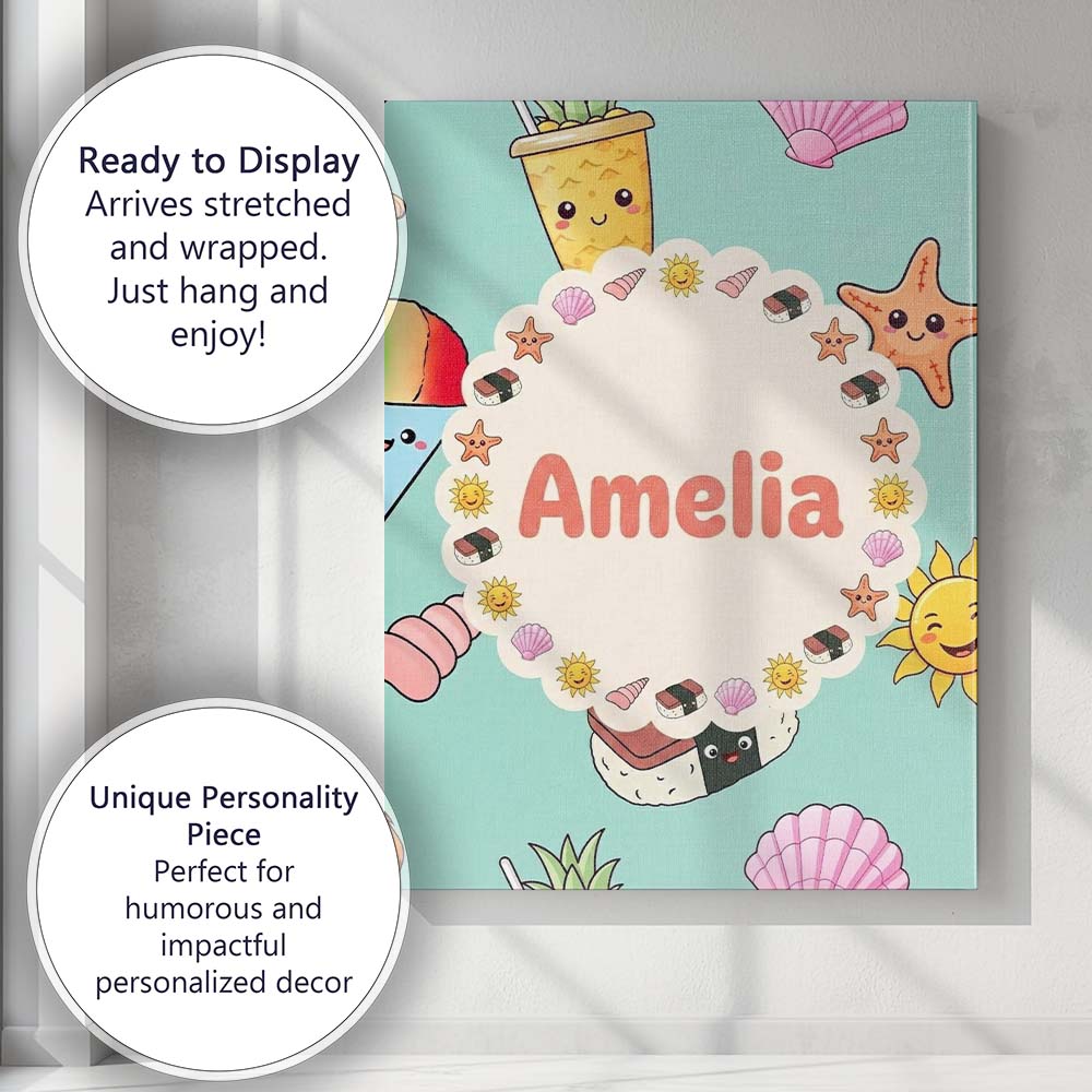 Personalised Name Cute Summer Dog Teal Custom Modern Room Accent Elegant Feature Canvas Wall Art Print Decor Picture Ready to Hang