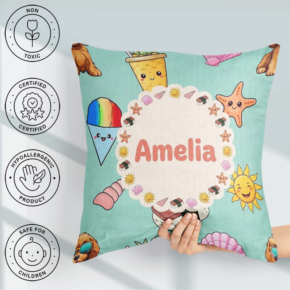 Custom Name Summer Dog Teal Ice Cream Starfish Seamless Pattern Square Filled Cushion Throw Pillow Sofa Bed Home Decor Zip Washable UK Made