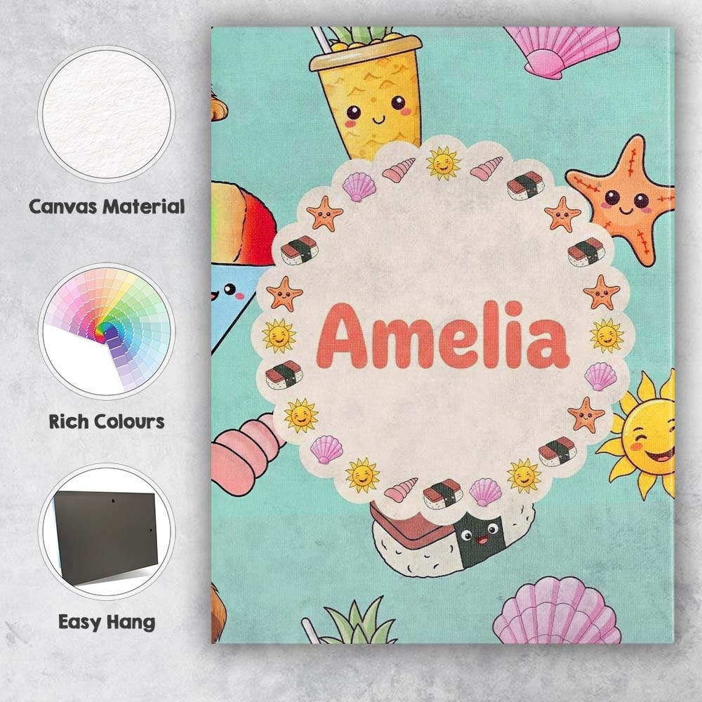 Personalised Name Cute Summer Dog Teal Custom Modern Room Accent Elegant Feature Canvas Wall Art Print Decor Picture Ready to Hang