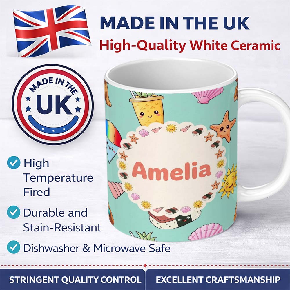 Personalized Custom Name Cute Summer Dog Teal Background Ice Cream Starfish Seamless Pattern 11oz Ceramic Coffee Tea Mug White Large Handle