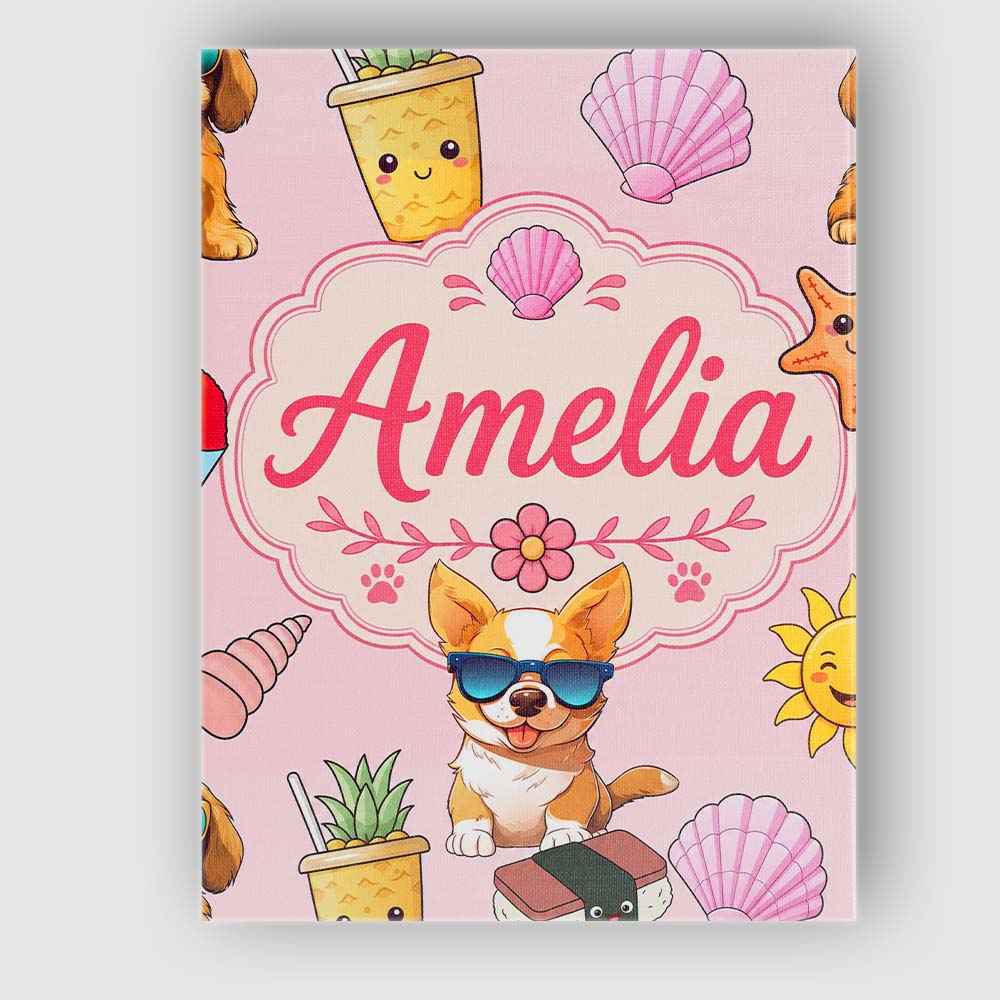 Personalised Name Cute Summer Dog Soft Pink Custom Bespoke Interior Contemporary Canvas Wall Art Print Decor Picture Ready to Hang