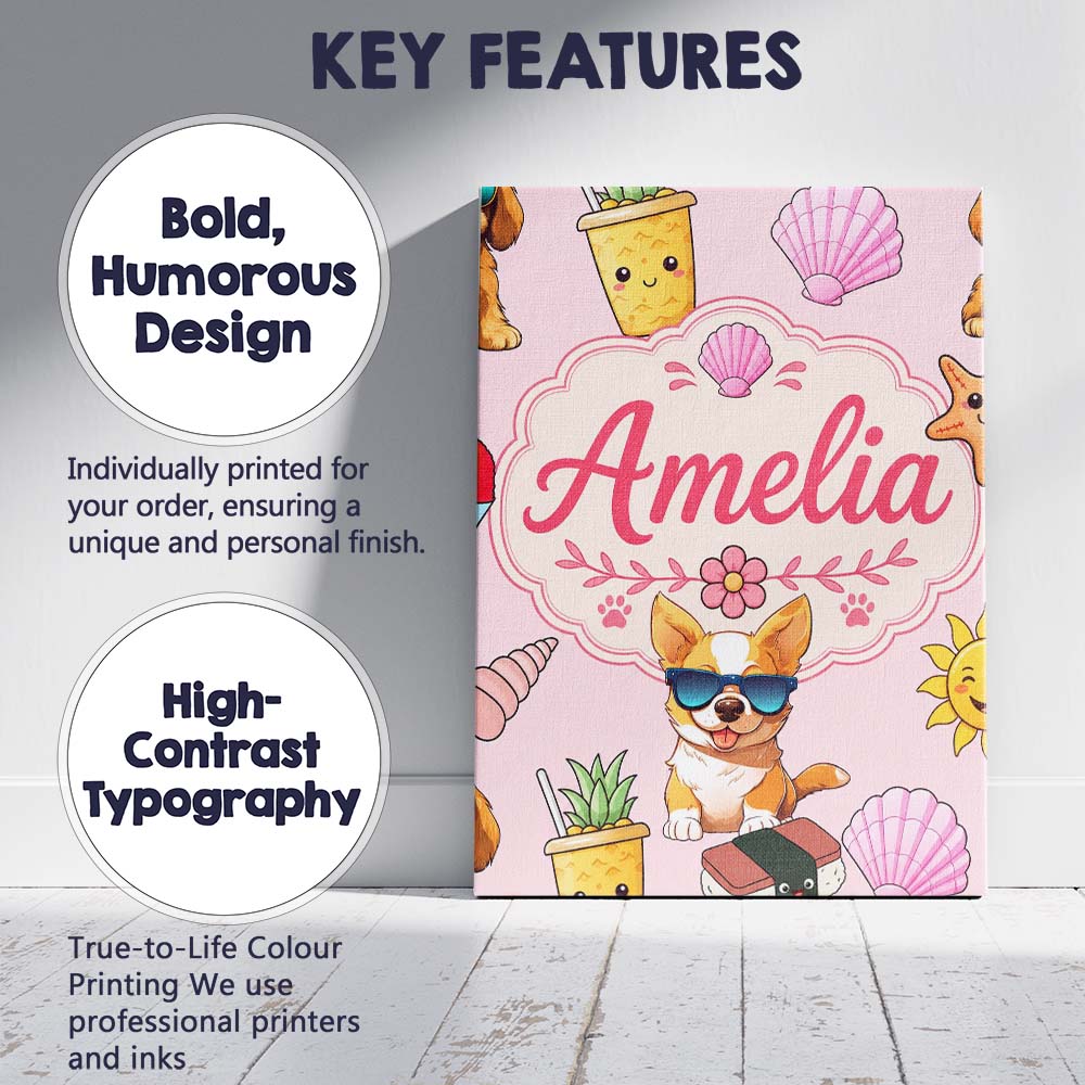 Personalised Name Cute Summer Dog Soft Pink Custom Bespoke Interior Contemporary Canvas Wall Art Print Decor Picture Ready to Hang