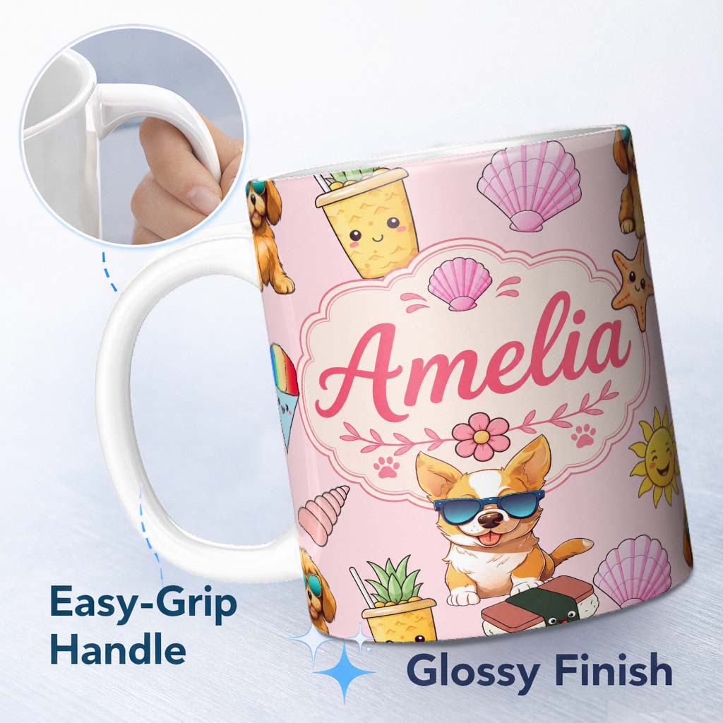 Personalized Custom Name Cute Summer Dog Soft Pink Background Ice Cream Starfish Seamless 11oz Ceramic Coffee Tea Mug White Large Handle