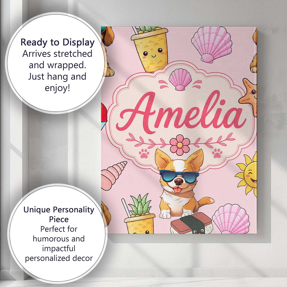 Personalised Name Cute Summer Dog Soft Pink Custom Bespoke Interior Contemporary Canvas Wall Art Print Decor Picture Ready to Hang
