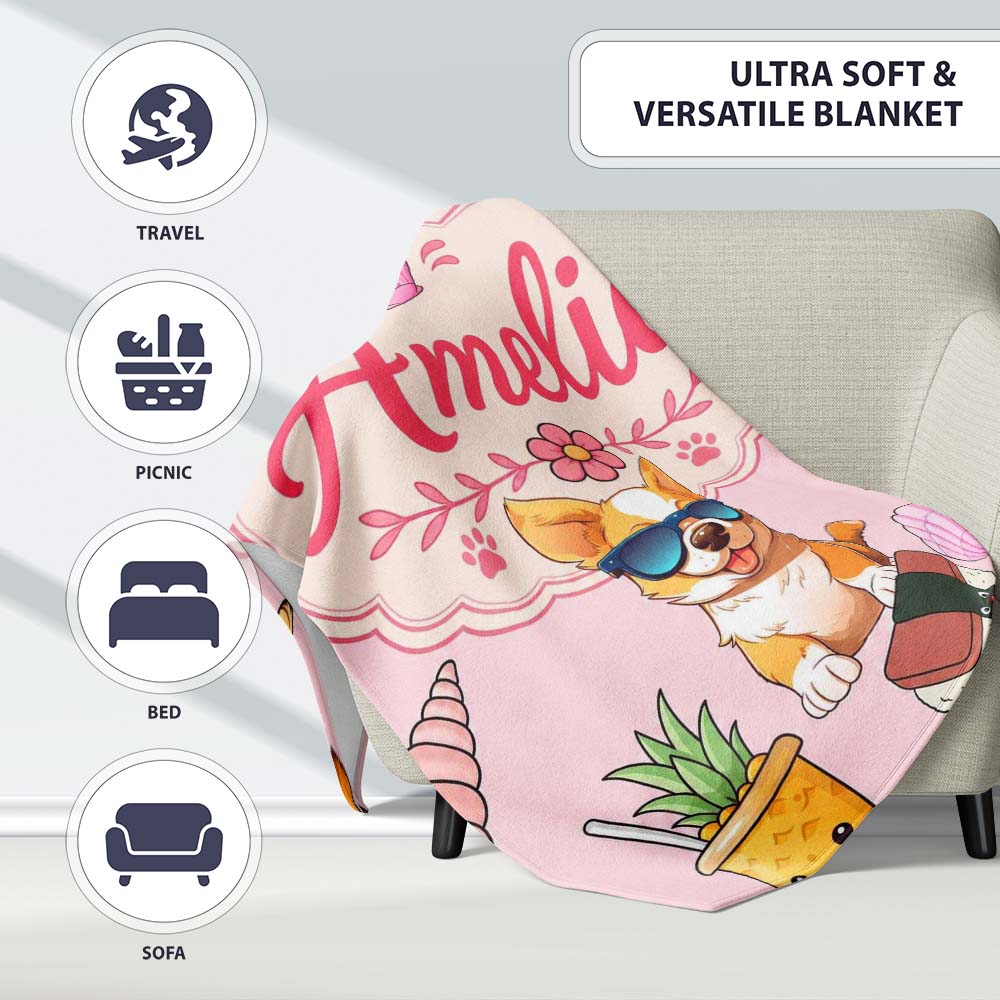 Cute Summer Dog Soft Pink Background Ice Cream Starfish Seamless Personalised Custom Name Super Soft Fleece Blanket Bed Sofa Throw