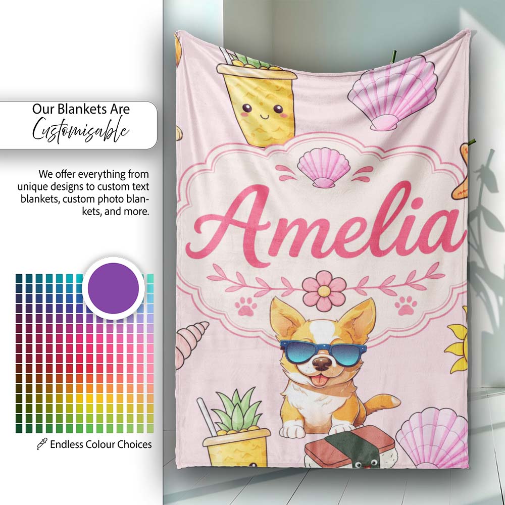 Cute Summer Dog Soft Pink Background Ice Cream Starfish Seamless Personalised Custom Name Super Soft Fleece Blanket Bed Sofa Throw